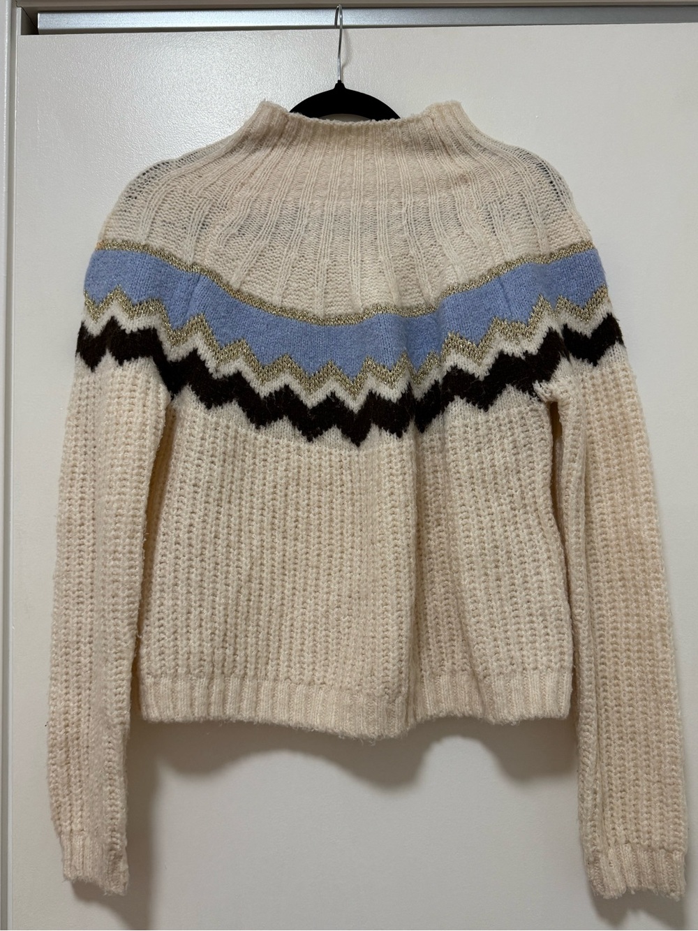 Women's Cream Cowl Neck Sweater with Blue Zigzag Yoke